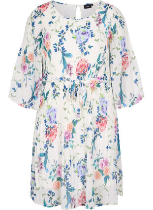 Printed pleated dress with tie string, Bright White Flower, Packshot image number 0