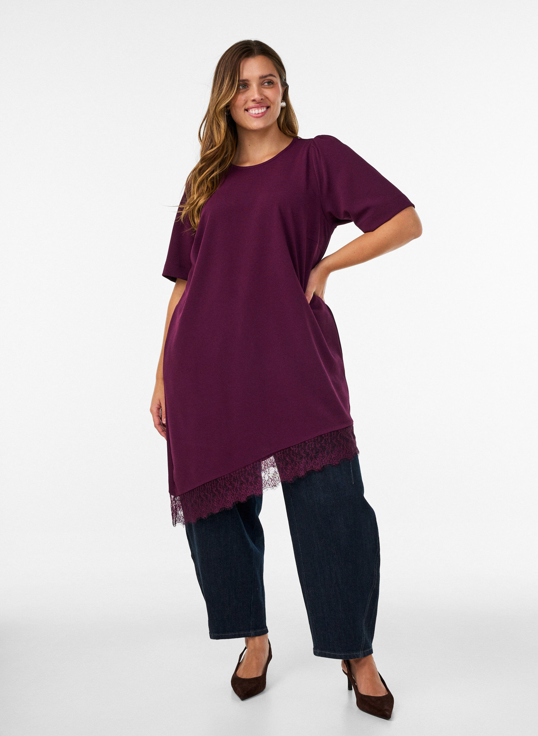 ZizzifashionTunic with asymmetric lace trim, Purple, Model image number 1