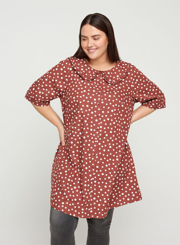 Short-sleeved cotton tunic with dots, Marsala AOP, Model image number 0