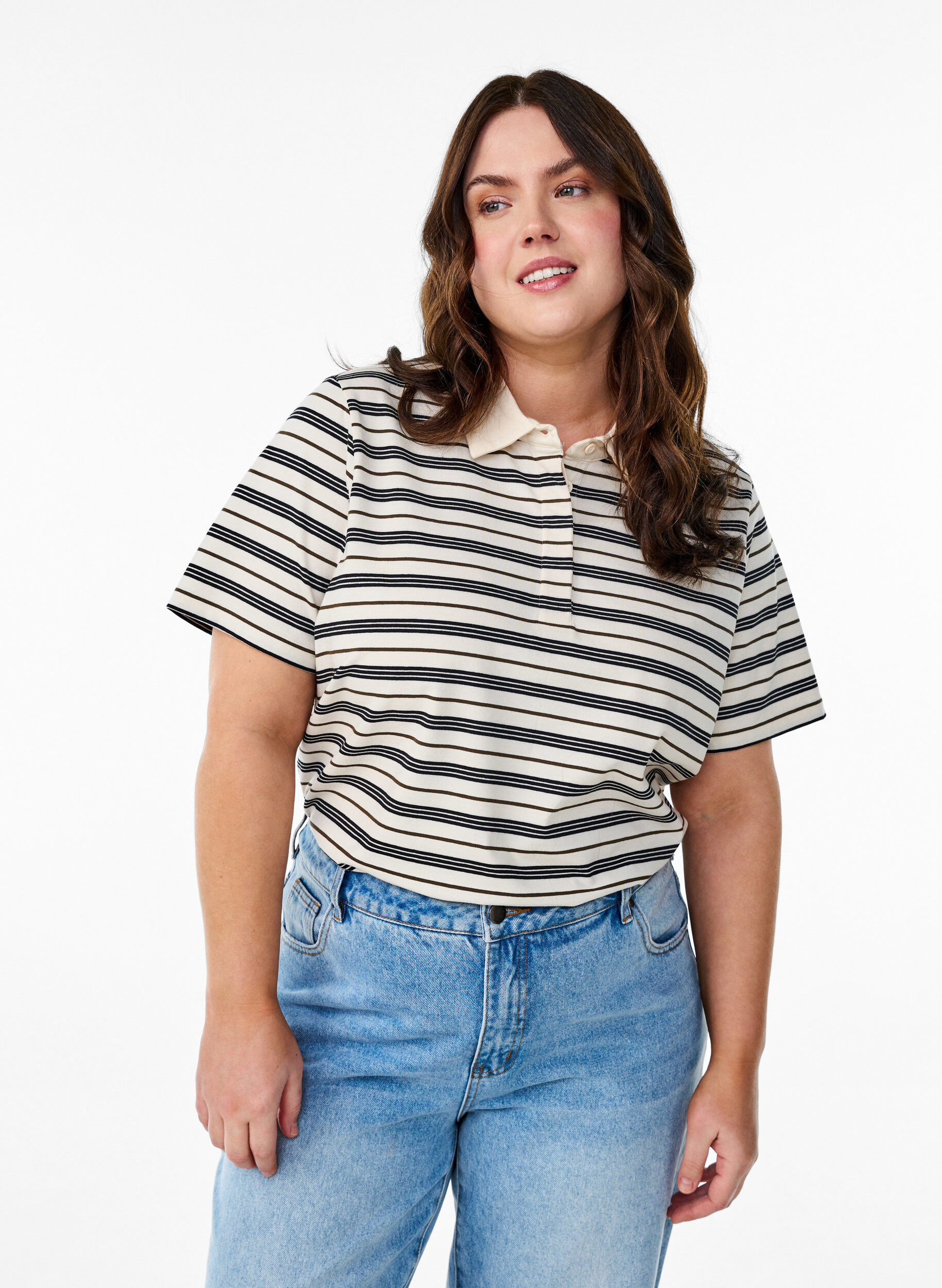 Zizzifashion Striped polo shirt with short sleeves, White, Model image number 0