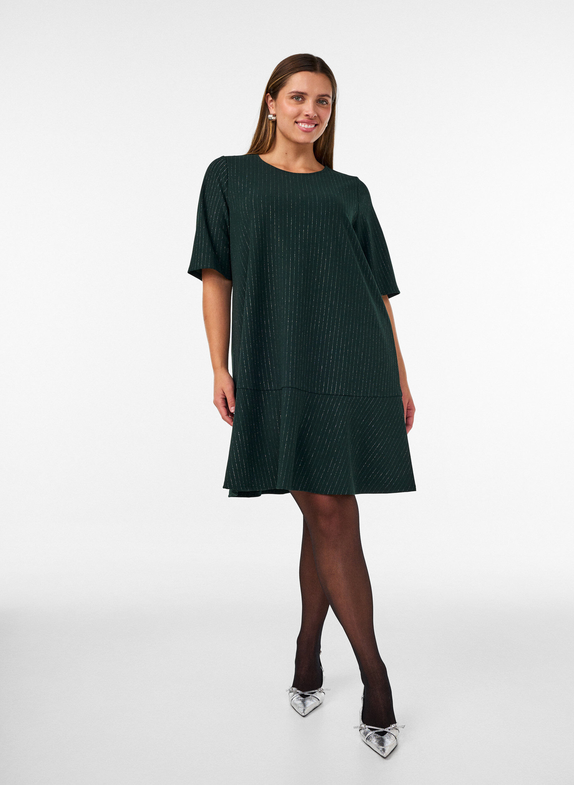 ZizzifashionShort A-line dress with glitter stripes, Green, Model image number 1