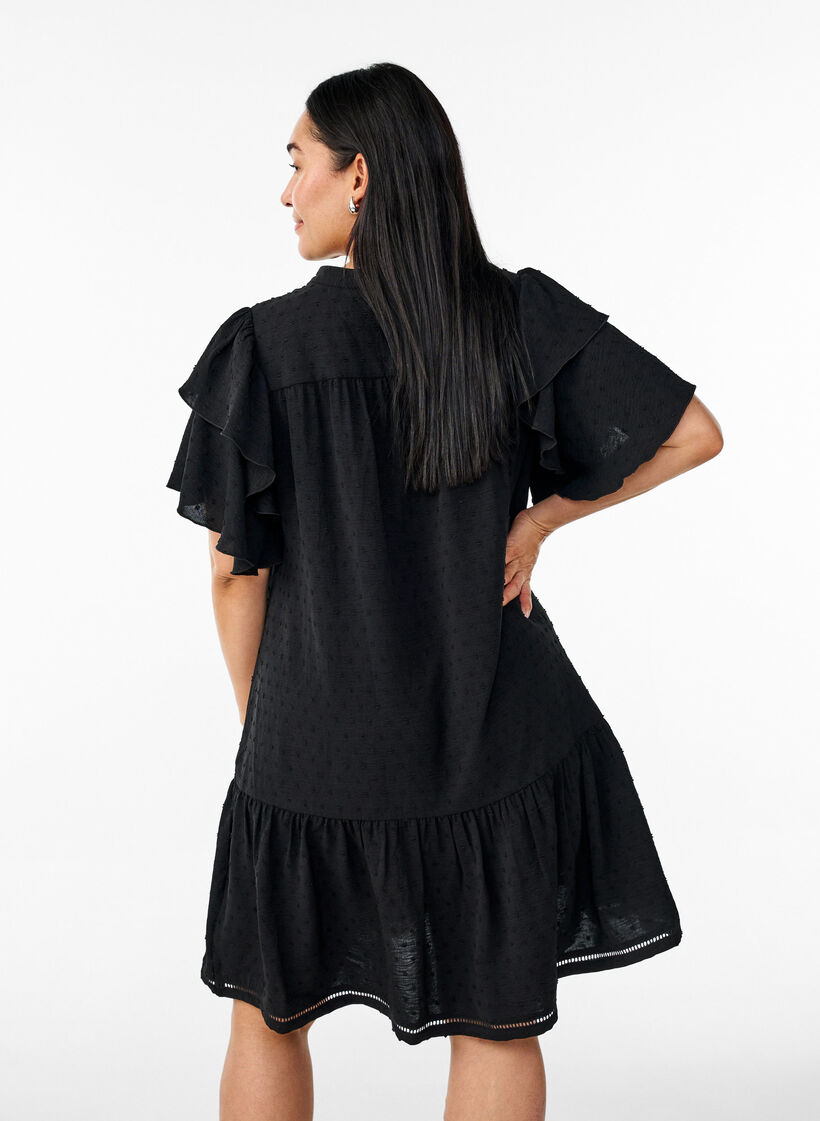 Short dress with ruffle sleeves and dotted texture, Black, Model image number 1