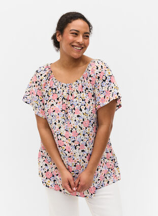 Short-sleeved floral viscose blouse, Dusty Flower Mix, Model image number 0