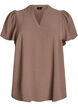 Blouse with short ruffle sleeves and V-neck, Brown, Packshot image number 0