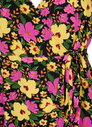 Printed wrap dress with short sleeves , Yellow Pink Flower, Packshot image number 2