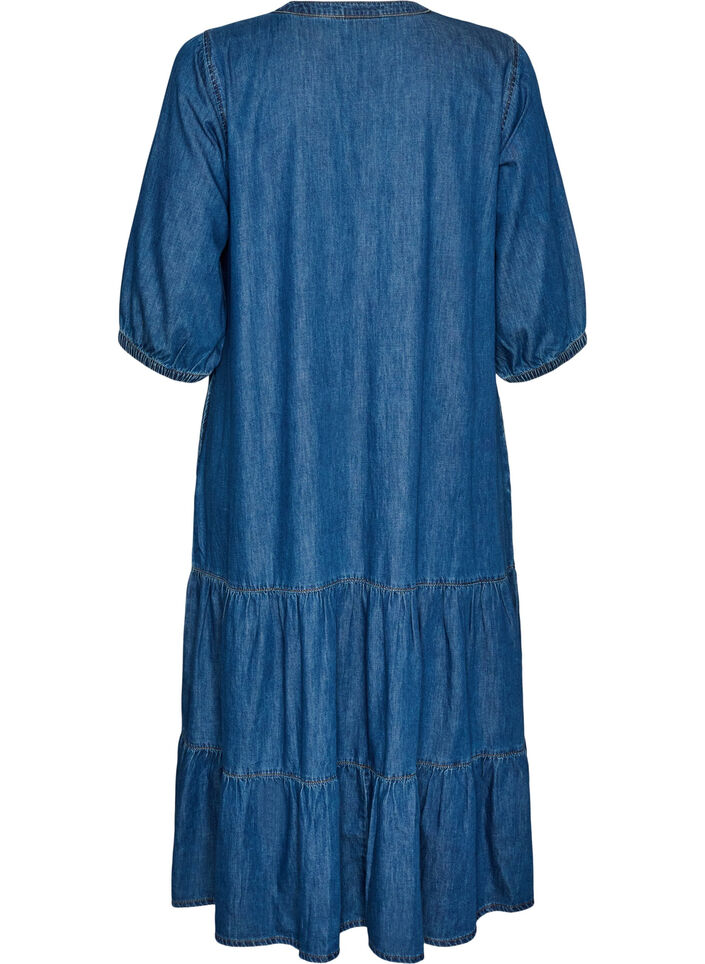 Denim maxi dress with frilled tiers, Blue, Packshot image number 1