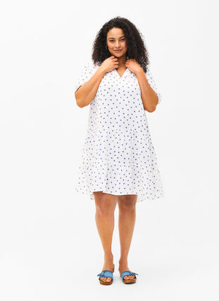 Cotton dress with heart print, Bright White Heart, Model image number 2