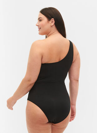One-shoulder swimsuit with mesh, Black, Model image number 1