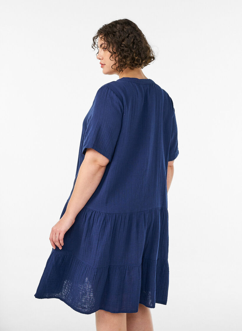 Short A-line dress in cotton muslin, Blue, Model image number 2