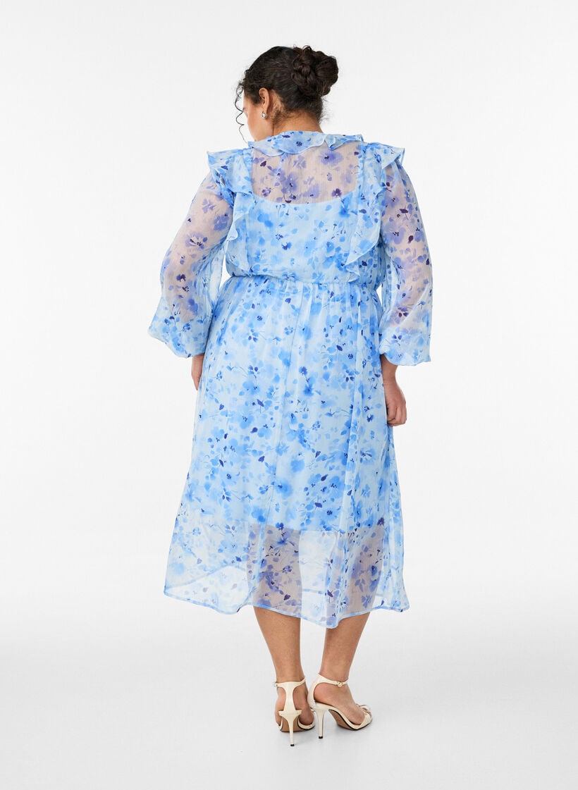 Floral chiffon dress with ruffles and long sleeves, Blue, Model image number 1