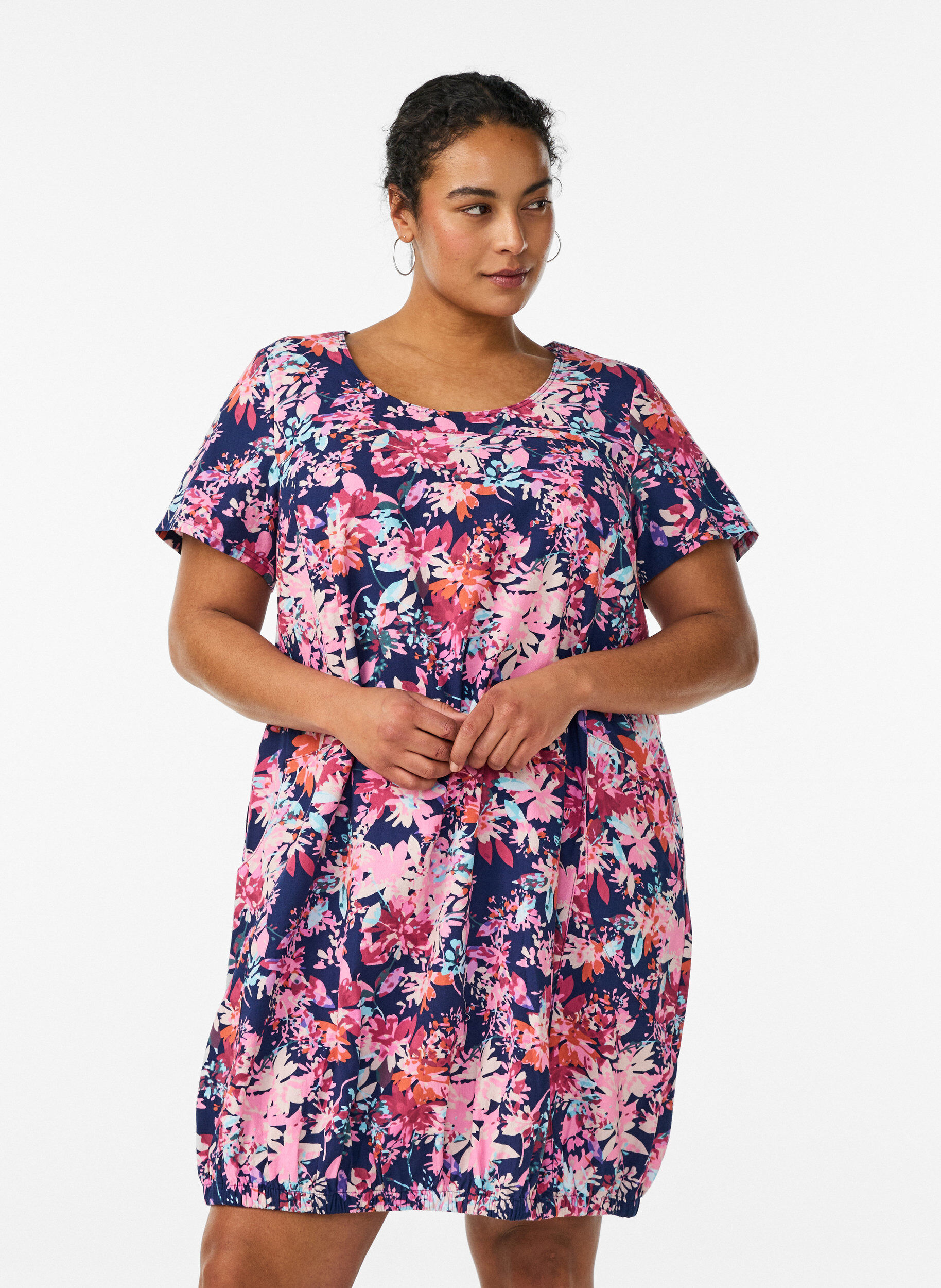 ZizzifashionShort-sleeved cotton dress with print, Blue, Model image number 0