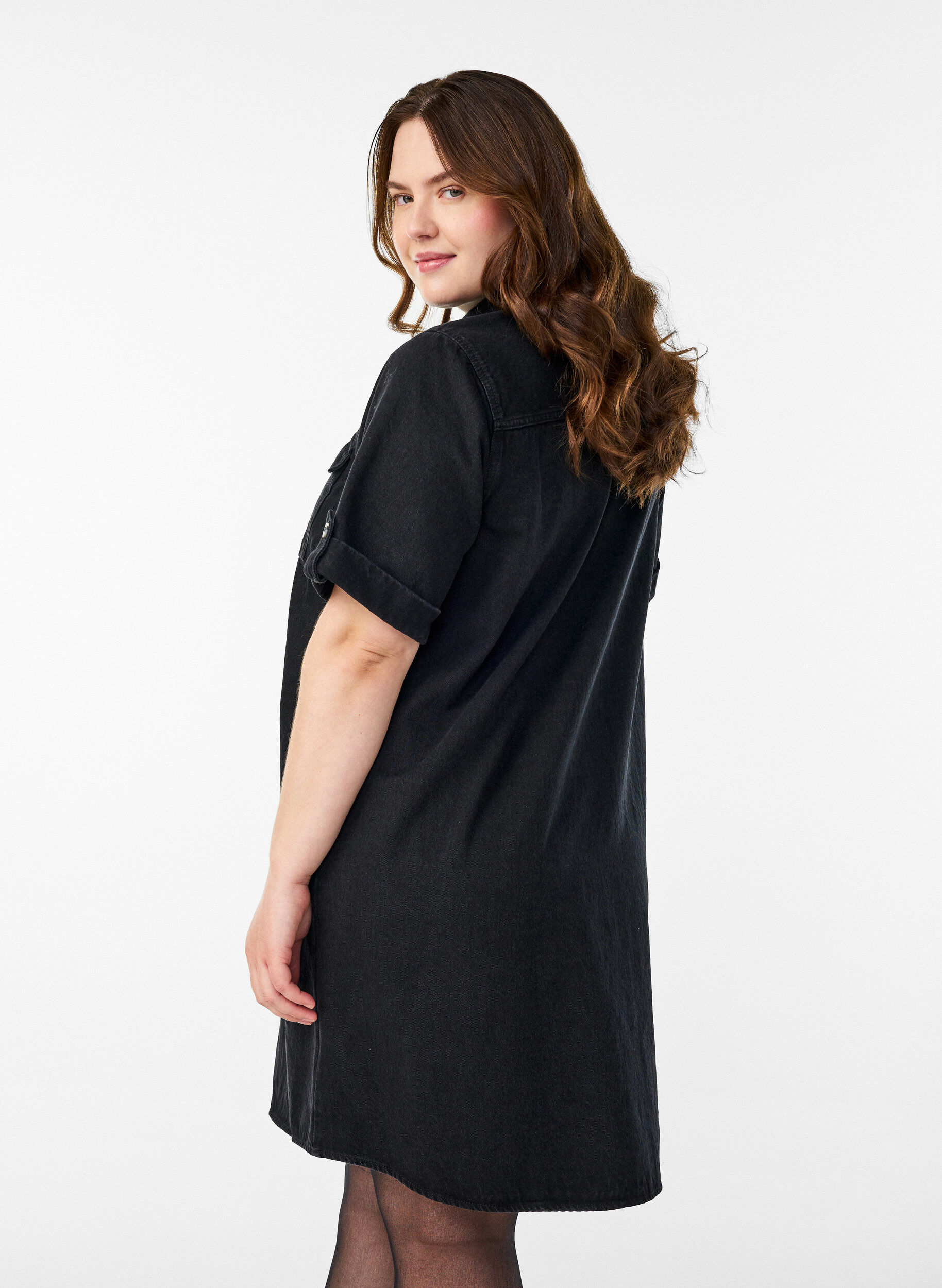 Zizzifashion Denim dress with short sleeves and buttons, Black, Model image number 2