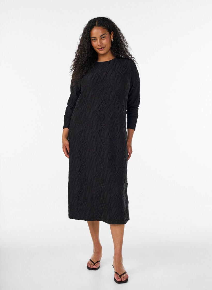 Midi dress with a wavy texture and long sleeves, Black, Model image number 0
