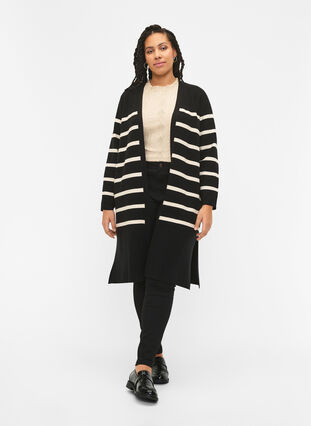 Striped knit cardigan in viscose blend, Black w. Birch, Model image number 2