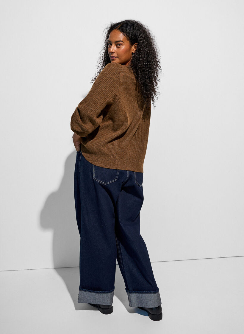 Ribbed jumper with balloon sleeves, Brown, Model image number 1
