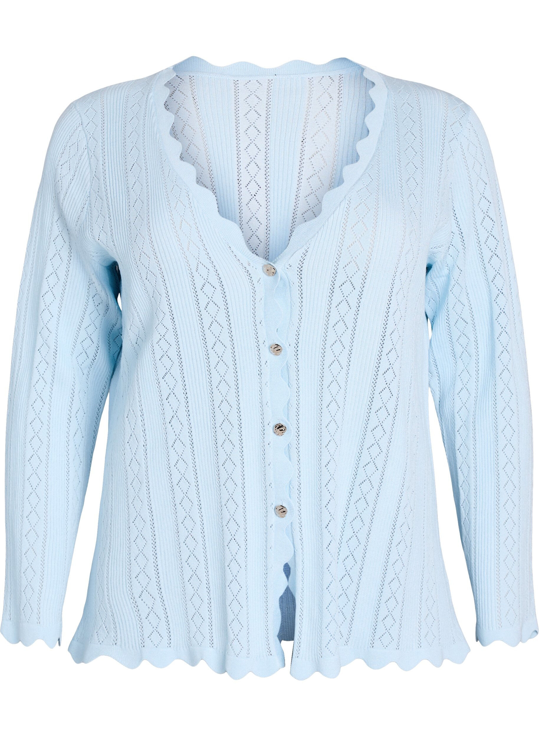 Zizzifashion Cardigan with eyelet embroidery and wavy edges, Light Blue, Packshot image number 0