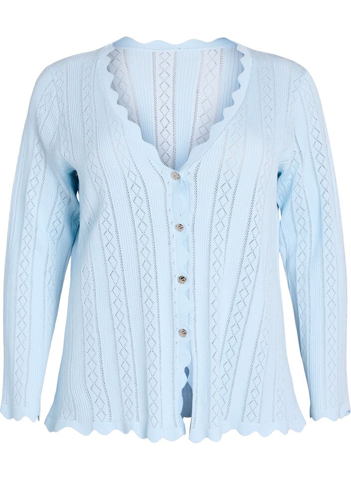 Cardigan with eyelet embroidery and wavy edges, Light Blue, Packshot image number 0