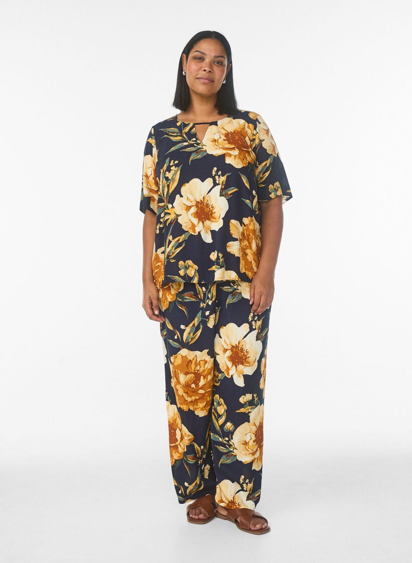 Short sleeve viscose blouse with print, Blue, Model image number 1