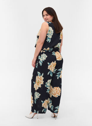 Viscose jumpsuit with buttons and tie-belt, Roses on Navy, Model image number 1