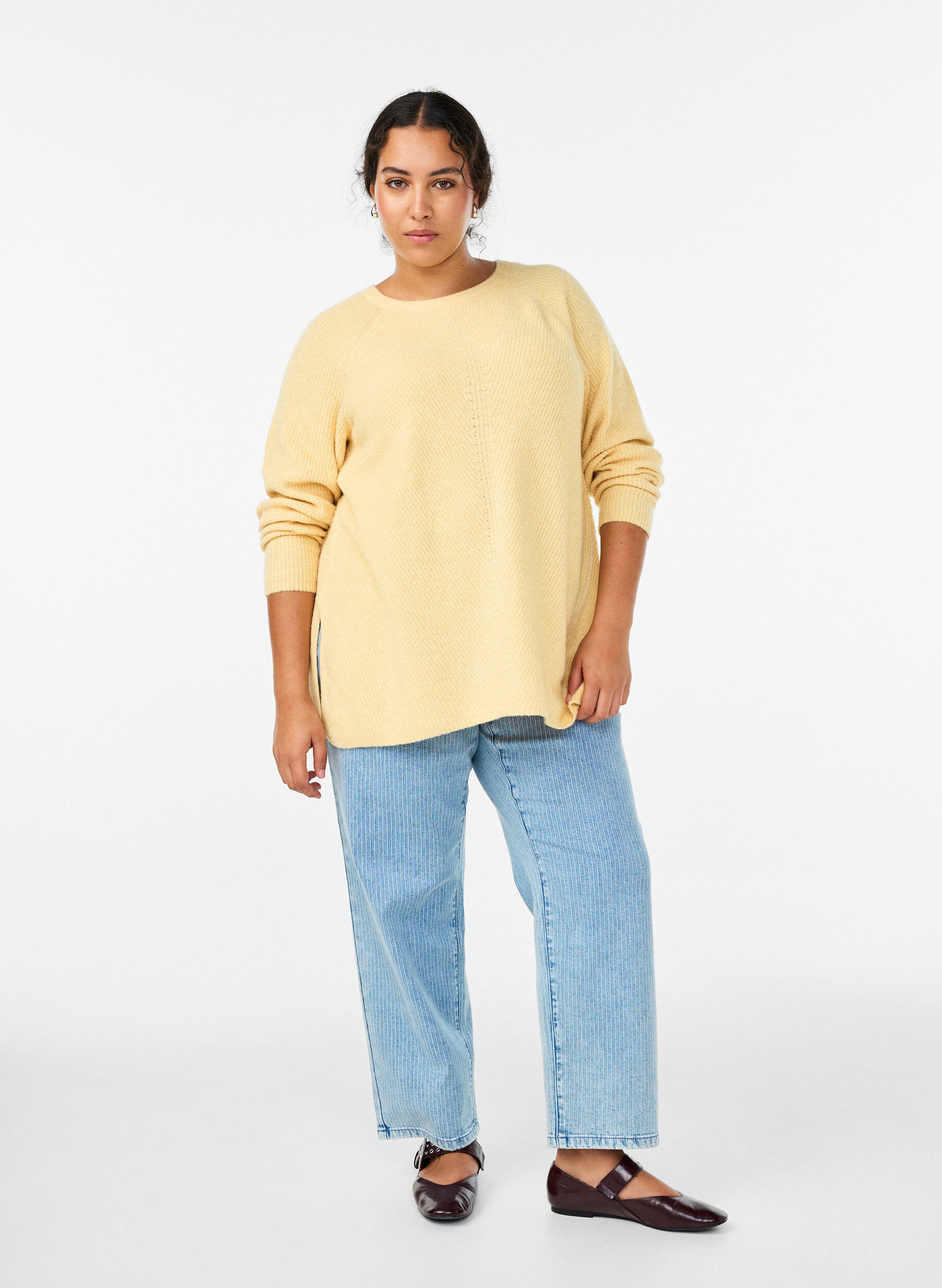 Zizzifashion Knitted jumper with a diagonal pattern and raglan sleeves, Yellow, Model image number 1
