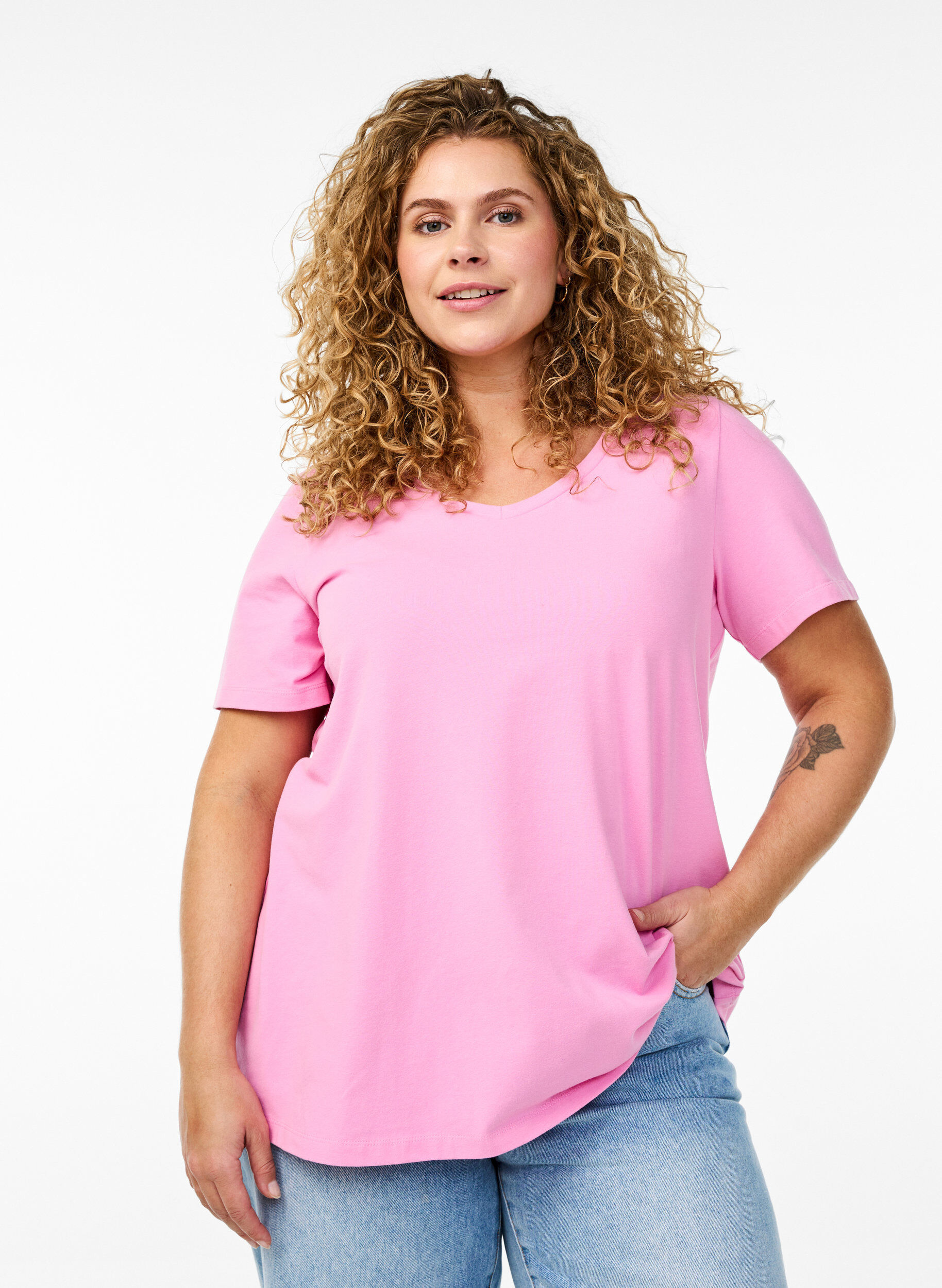 Basic plain cotton t-shirt, Pink, Model