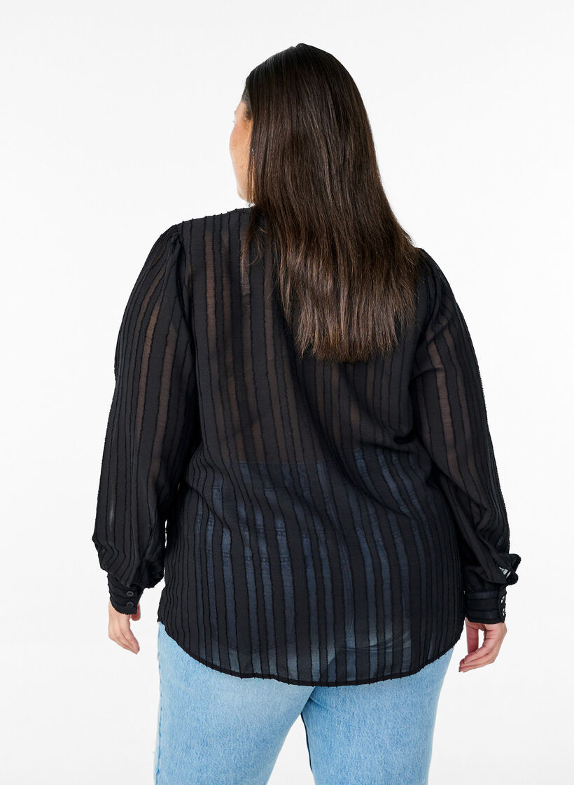 Striped shirt blouse with sheer stripes, Black, Model image number 2