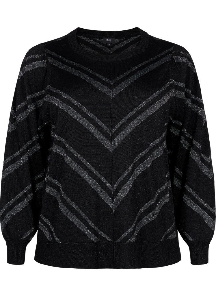 Zizzifashion Knitted jumper with a round neck and shimmer, Black w.S.L.Stripes, Packshot image number 0