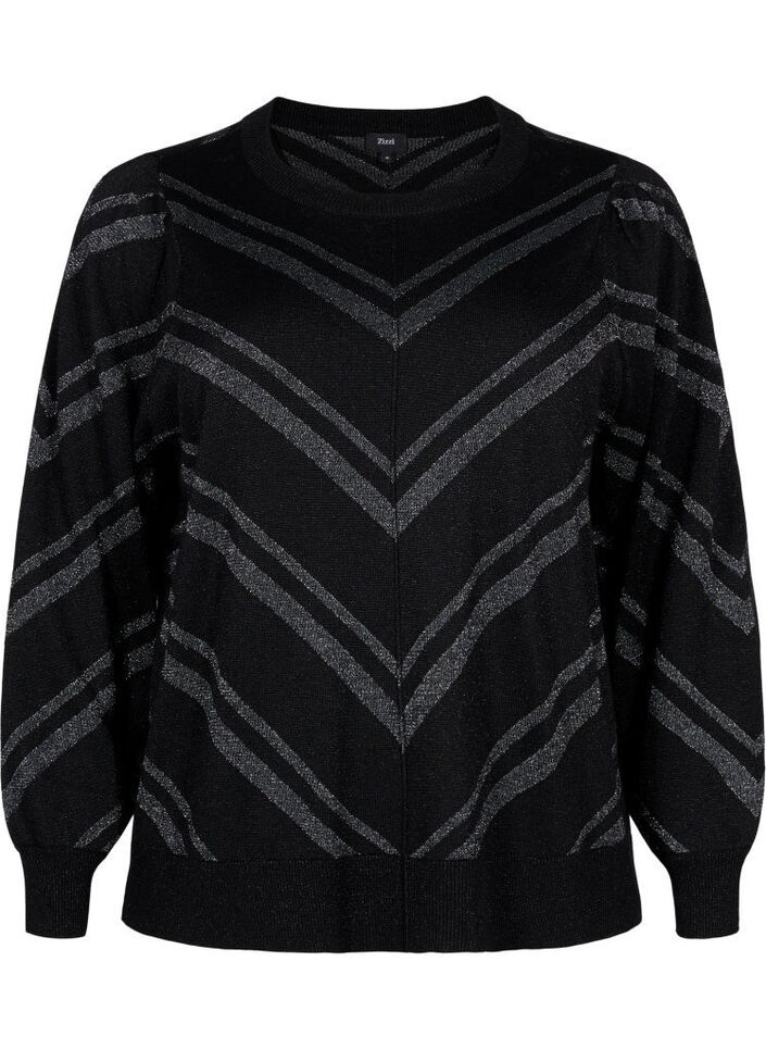 Knitted jumper with a round neck and shimmer, Black w.S.L.Stripes, Packshot image number 0