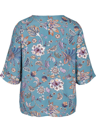 Printed viscose blouse with short sleeves, Smoke Blue Paisley, Packshot image number 1