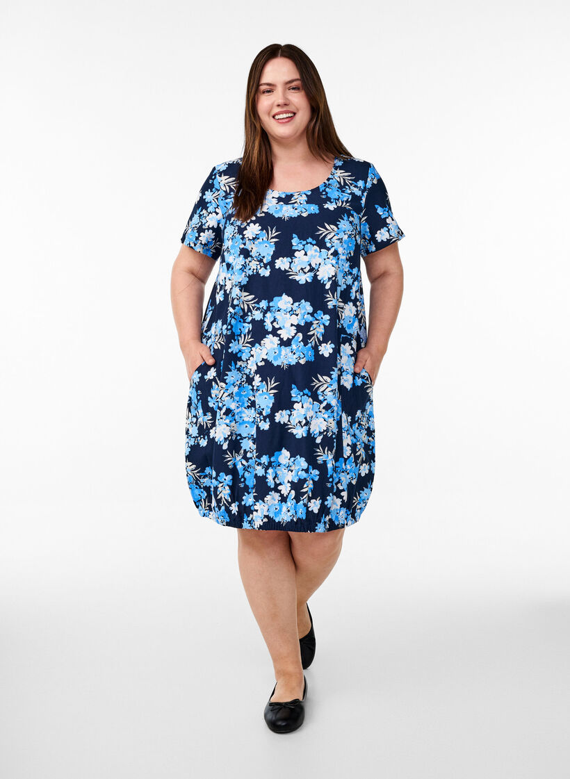 Short-sleeved cotton dress with print, Blue, Model image number 1
