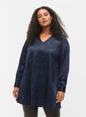 Tunic with tone-on-tone pattern and v-neckline, Night Sky, Model image number 0