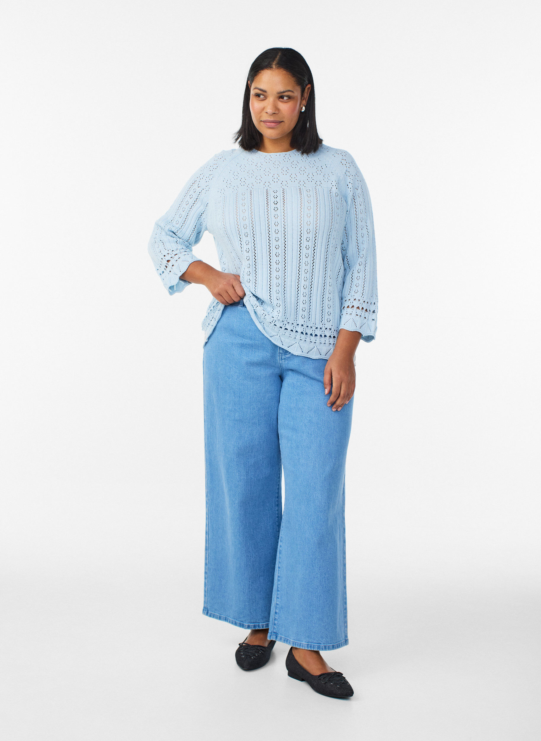 Zizzifashion Knitted top with eyelet embroidery and 3/4 sleeves, Light Blue, Model image number 1
