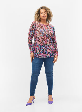 Tight fit mesh blouse with floral print, Flower AOP, Model image number 2