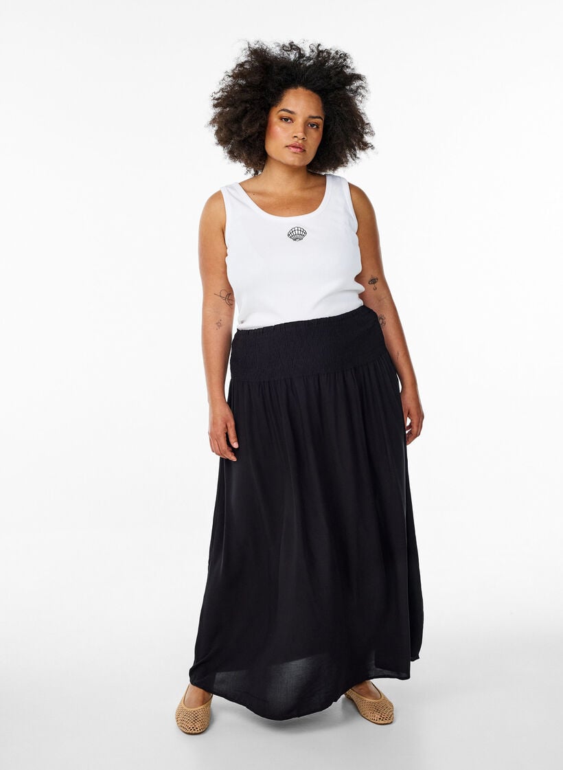 Viscose maxi skirt with smocking, Black, Model image number 0