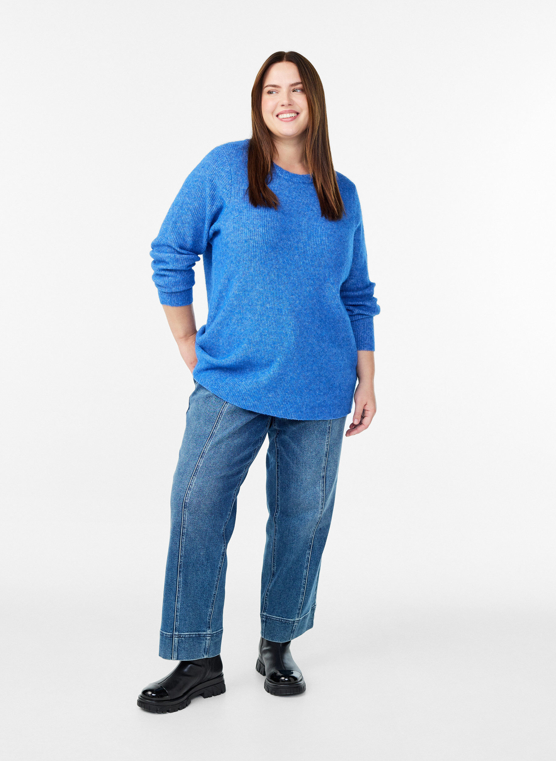 ZizzifashionMelange knit blouse with round neck, Blue, Model image number 1