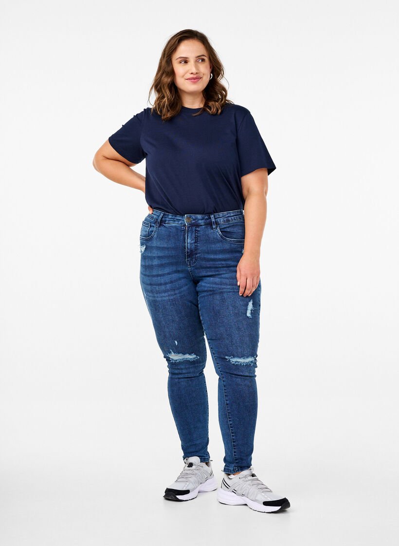 Super slim Amy jeans with wear details, Blue Denim, Model image number 0