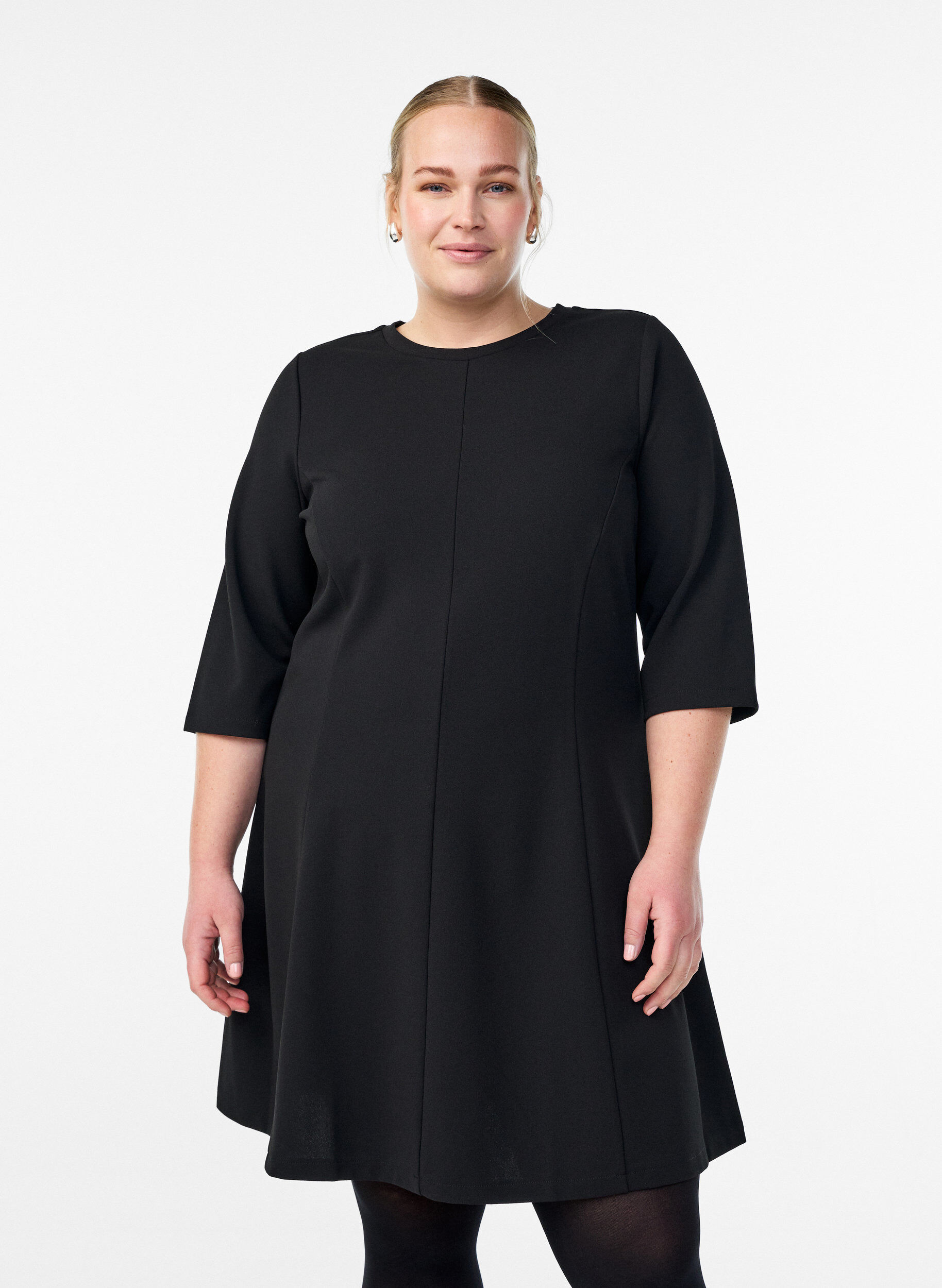 Short A-line jersey dress with 3/4 sleeves, Black, Model
