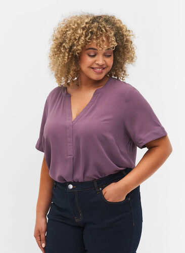 Short-sleeved blouse with v-neckline, Vintage Violet, Model image number 0