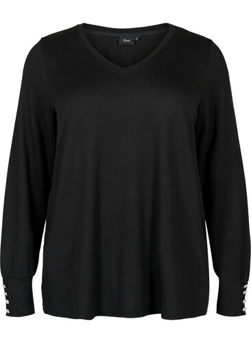 Long-sleeved blouse with wide cuff and buttons, Black, Packshot image number 0