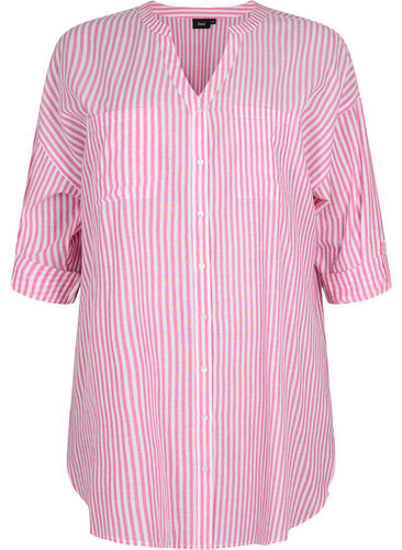 Striped tunic with v neck and buttons, Beetroot Stripe, Packshot image number 0