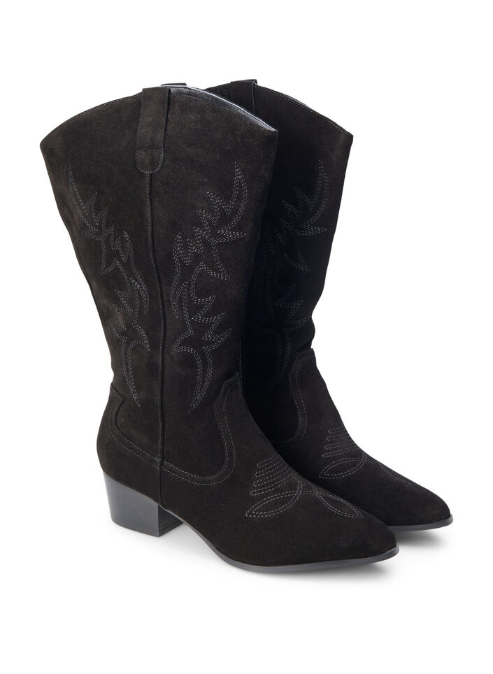 Wide fit - Suede cowboy boots, Black, Packshot image number 1