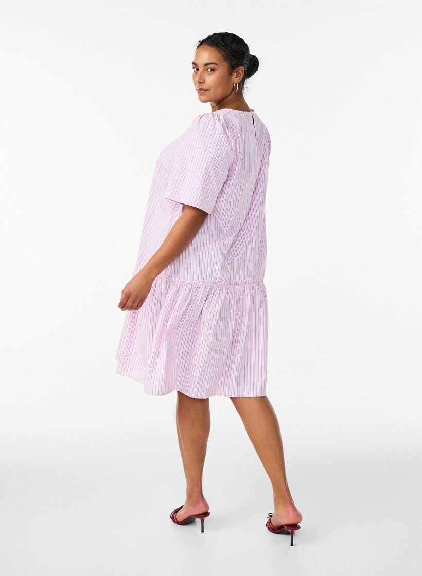 Knee-length striped dress with stones and puff sleeves, Pink, Model image number 2