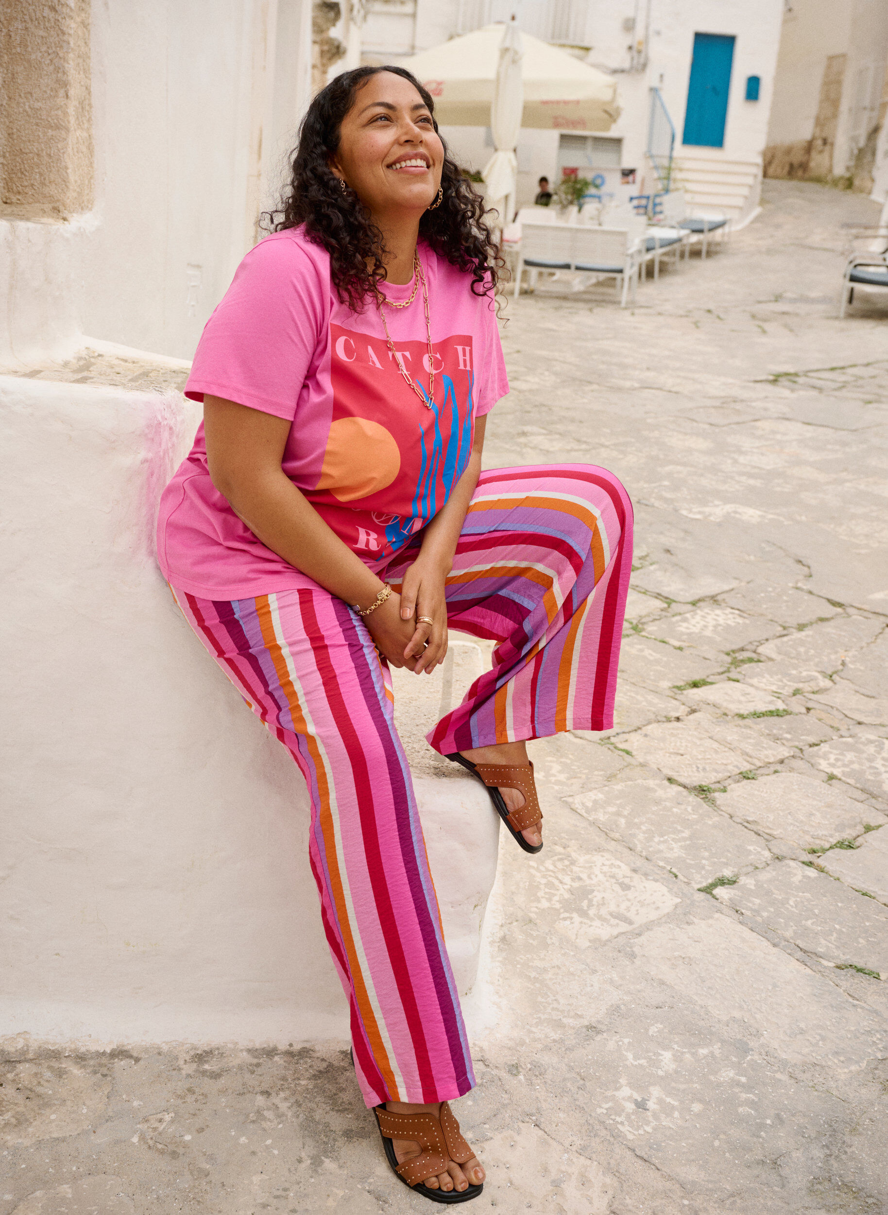 Zizzifashion Loose viscose trousers with stripes, Pink, Image image number 0