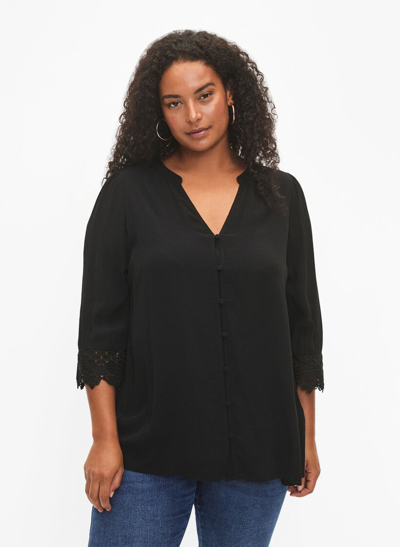 Viscose shirt with v-neckline, Black, Model image number 0