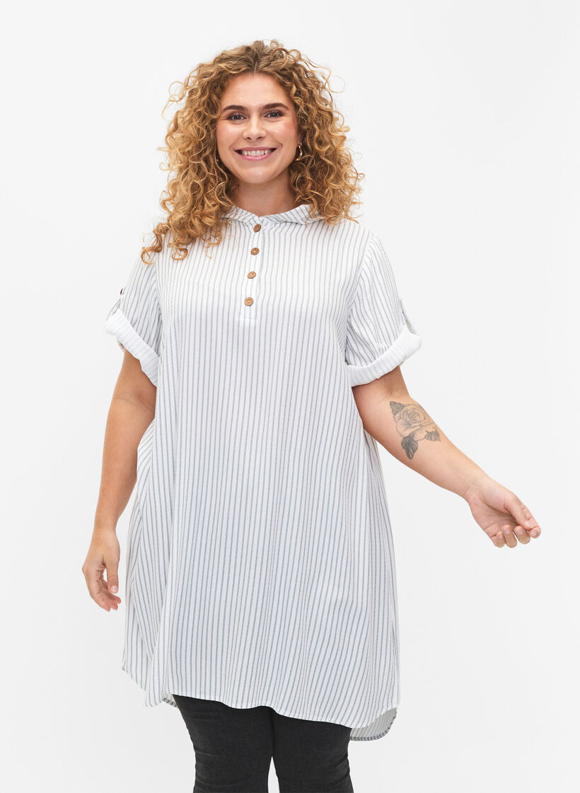 Short-sleeved viscose tunic with hood, Chinois Green Stripe, Model image number 0