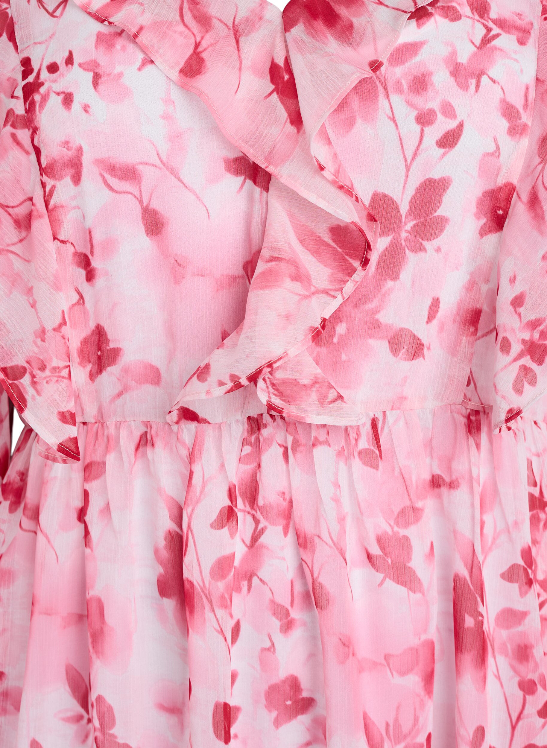 ZizzifashionFloral chiffon dress with ruffles and long sleeves, Pink, Packshot image number 2