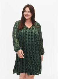Long-sleeved dress with V-neck and print, Scarab AOP, Model