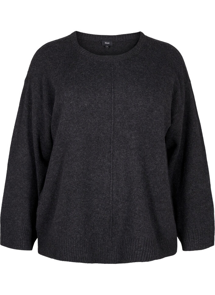 Knitted blouse with a round neck and center seam, Dark Grey Melange, Packshot image number 0