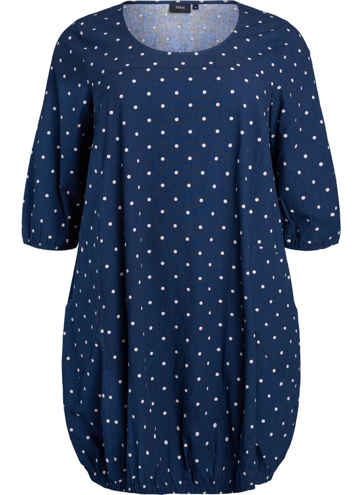 Short cotton dress with 3/4 sleeves and pockets, Blue, Packshot image number 0