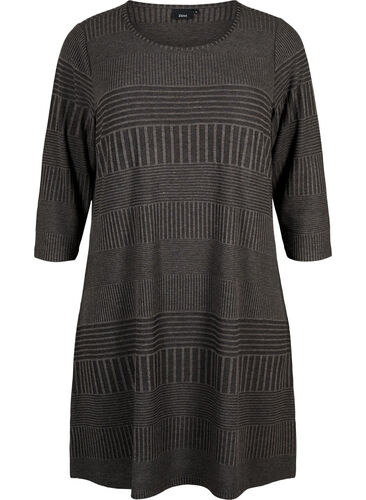 Dress with 3/4 sleeves and striped pattern, Dark Grey Mélange, Packshot image number 0